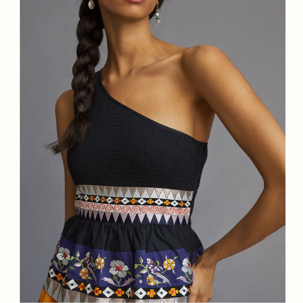 🐘Anthropologie Embroidered Midi Dress One-Shoulder Tiered Dress New 8 Black - Picture 3 of 15